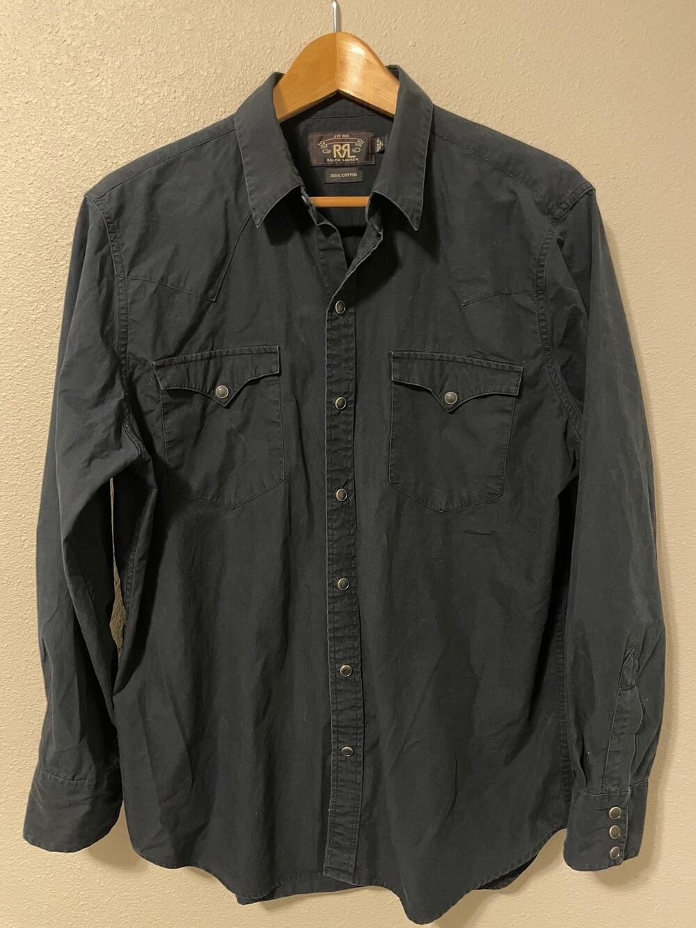 RRL Ralph Lauren Shirt Mens Large Black Pearl Snap Western Double RL Long Sleeve